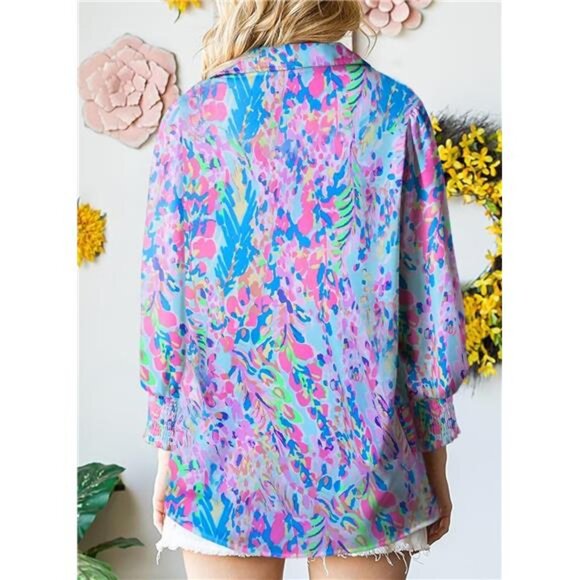 Loose V-Neck Paisley Print Lantern Sleeve Boho Blouse Top - Picture 3 of 5